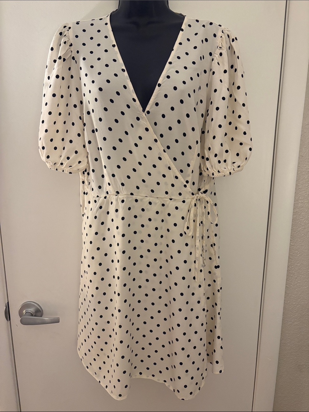 a new day Preppy Office Cream Polka Dot Wrap Puff Sleeve Mini Dress SZ XL